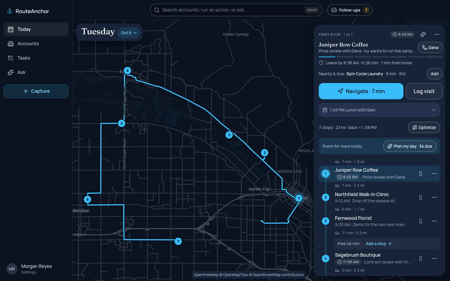 RouteAnchor's Today screen on desktop: the day's seven stops as a numbered route on the map, with the Up next card and the route list beside it.