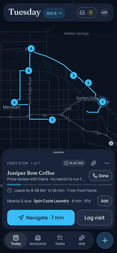 RouteAnchor on a phone: today's route on the map and the Up next card with Navigate and Log visit.